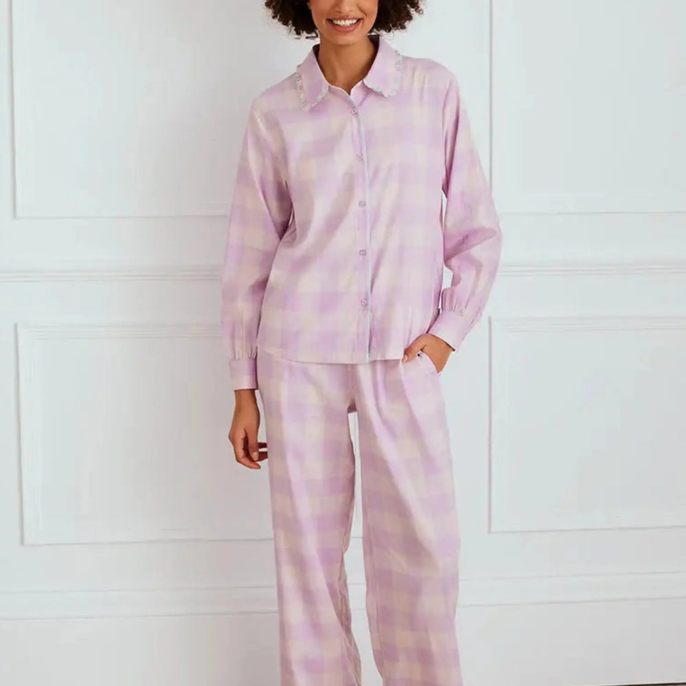 Organic Cotton Gingham Frill Women's Long Pyjama Set Chelsea Peers