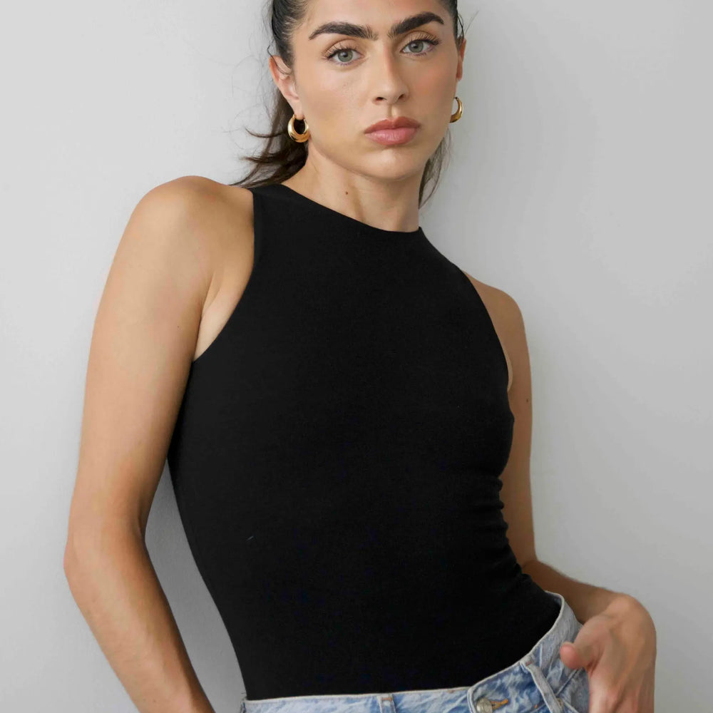 Organic Cotton High-Neck Sleeveless Bodysuit, Black Pantee