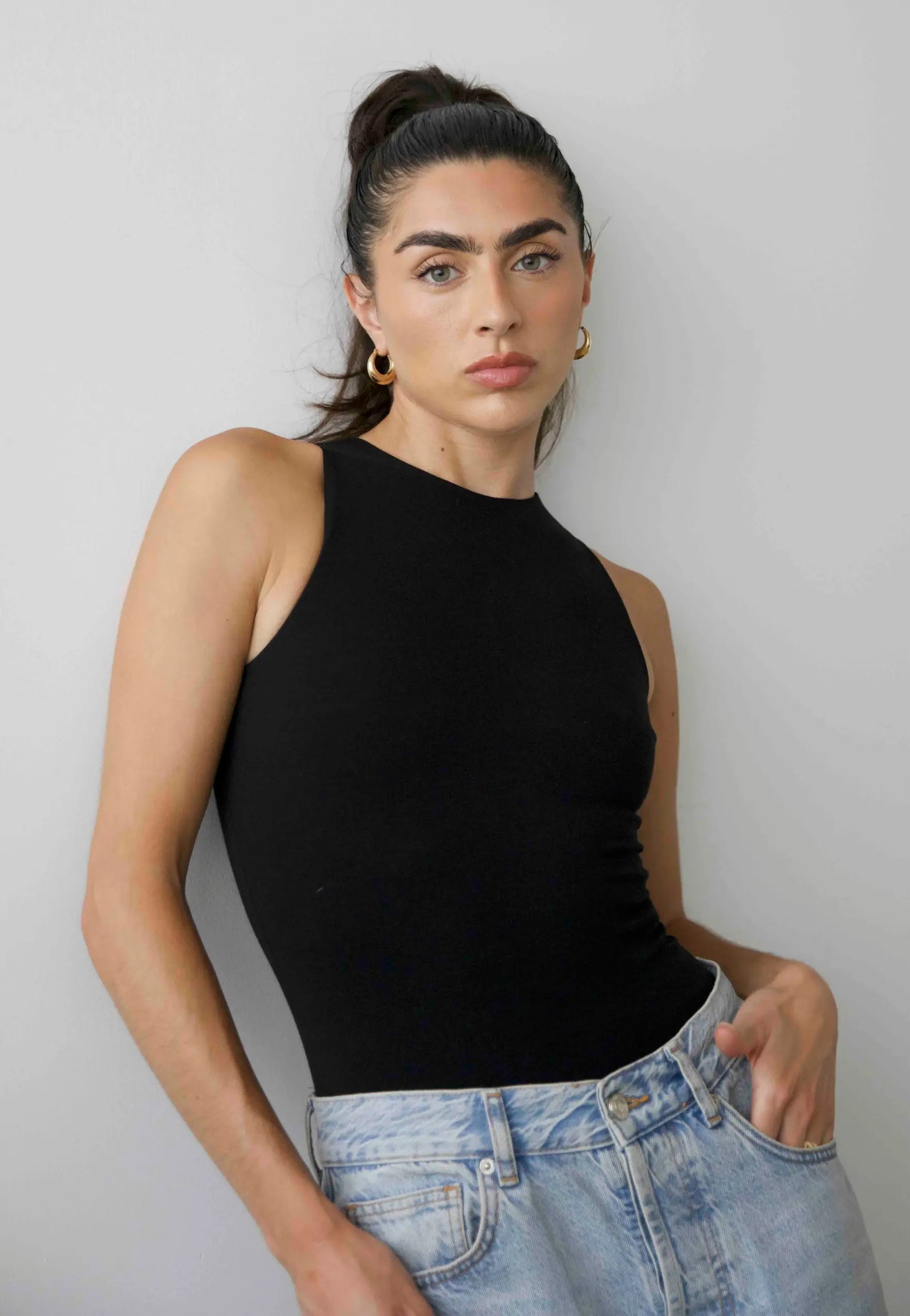 Organic Cotton High-Neck Sleeveless Bodysuit, Black Pantee