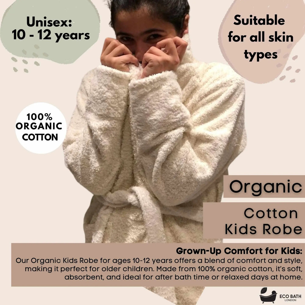 Organic Cotton Kids Robe (10-12 Years) - Hooded, 100% Certified Organic Cotton Eco Bath London