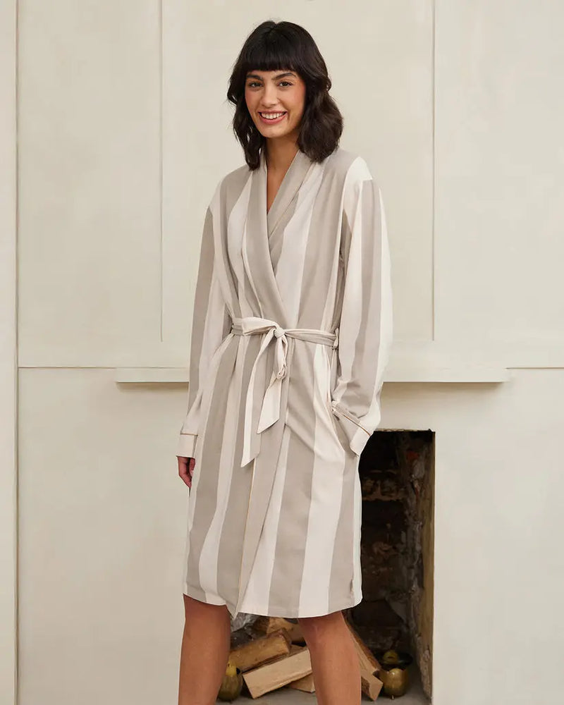 Organic Cotton Lightweight Stripe Dressing Gown - Taupe Chelsea Peers