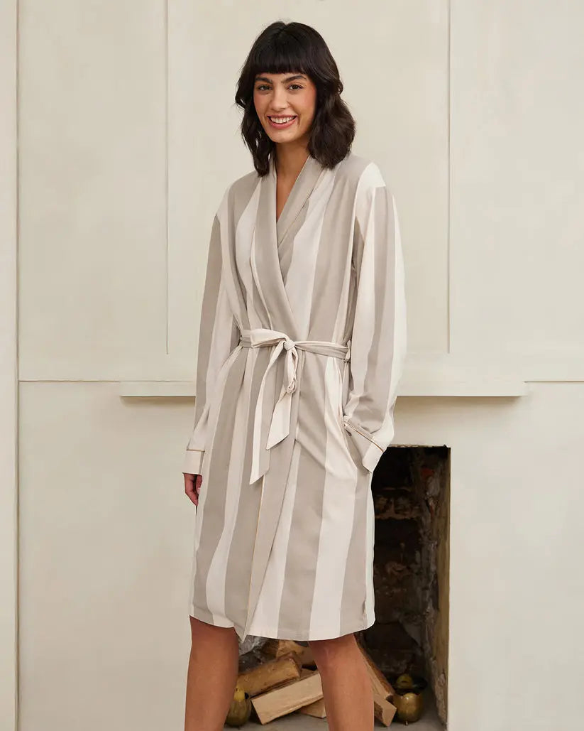 Organic Cotton Lightweight Stripe Dressing Gown - Taupe Chelsea Peers