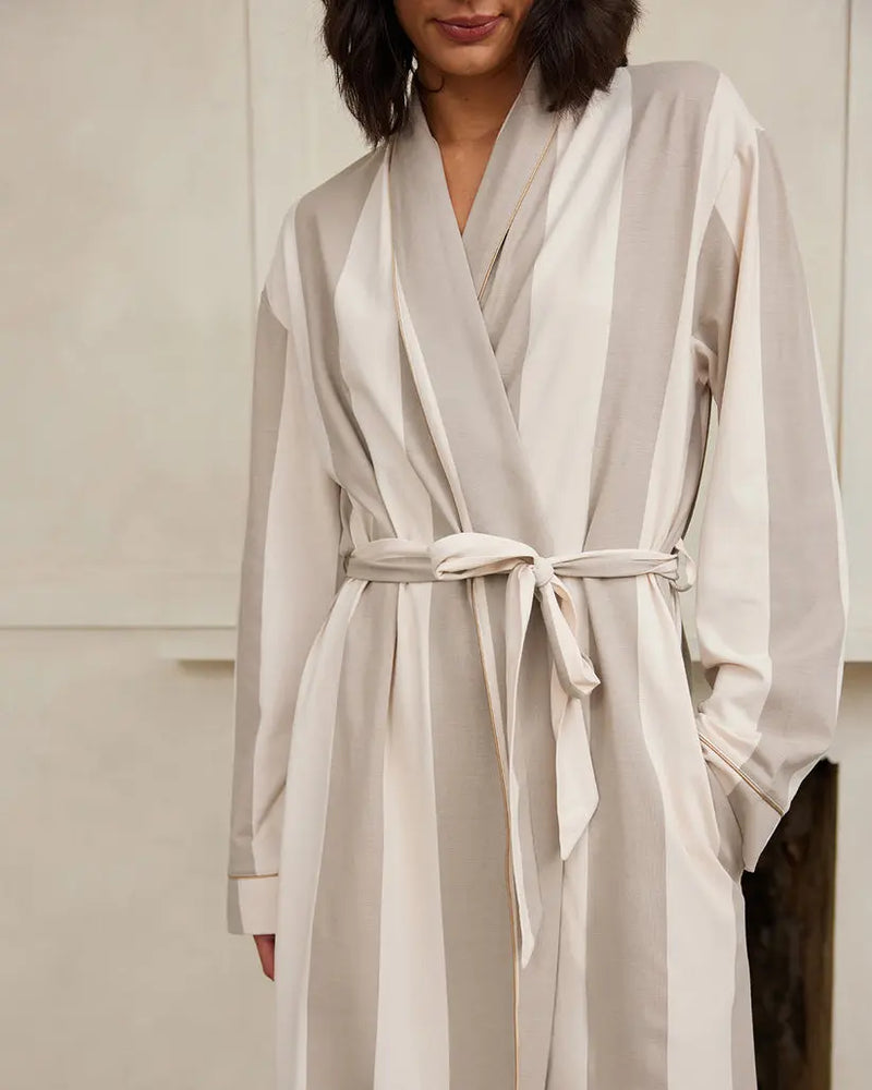 Organic Cotton Lightweight Stripe Dressing Gown - Taupe Chelsea Peers
