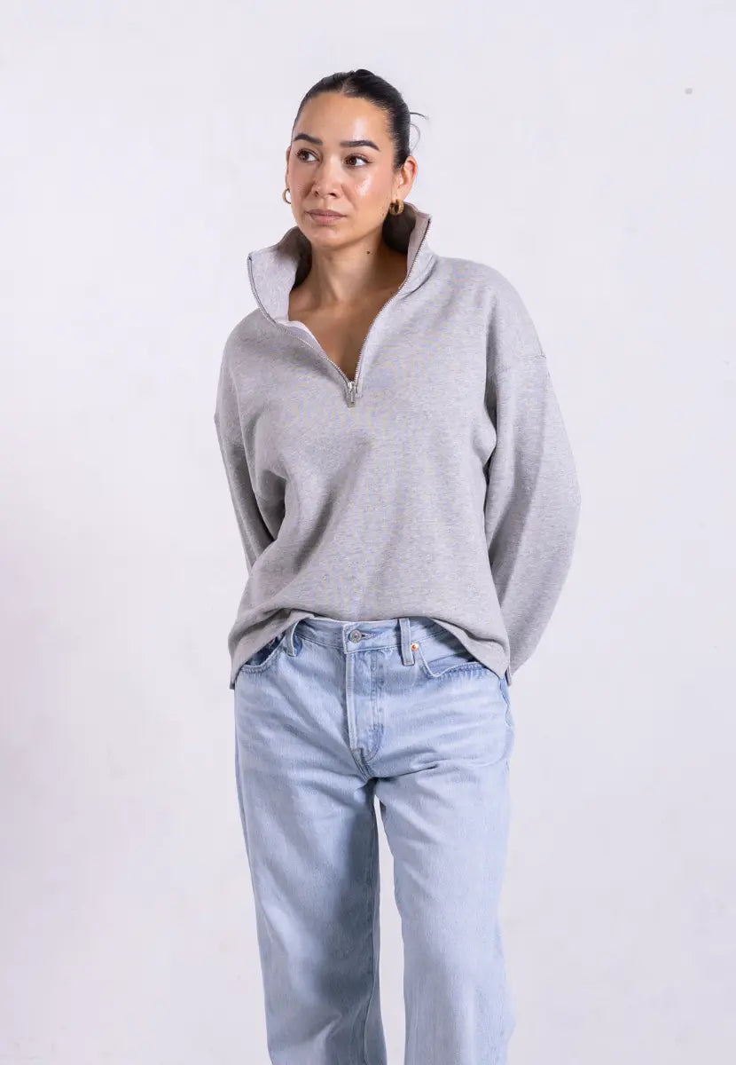 Organic Cotton Quarter Zip Sweatshirt, Light Grey Marl Pantee