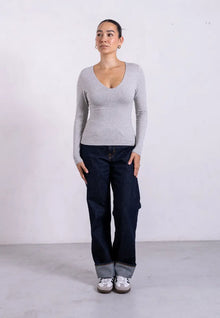  Organic Cotton V-Neck Long Sleeve T-Shirt, Light Grey Marl T-shirts
