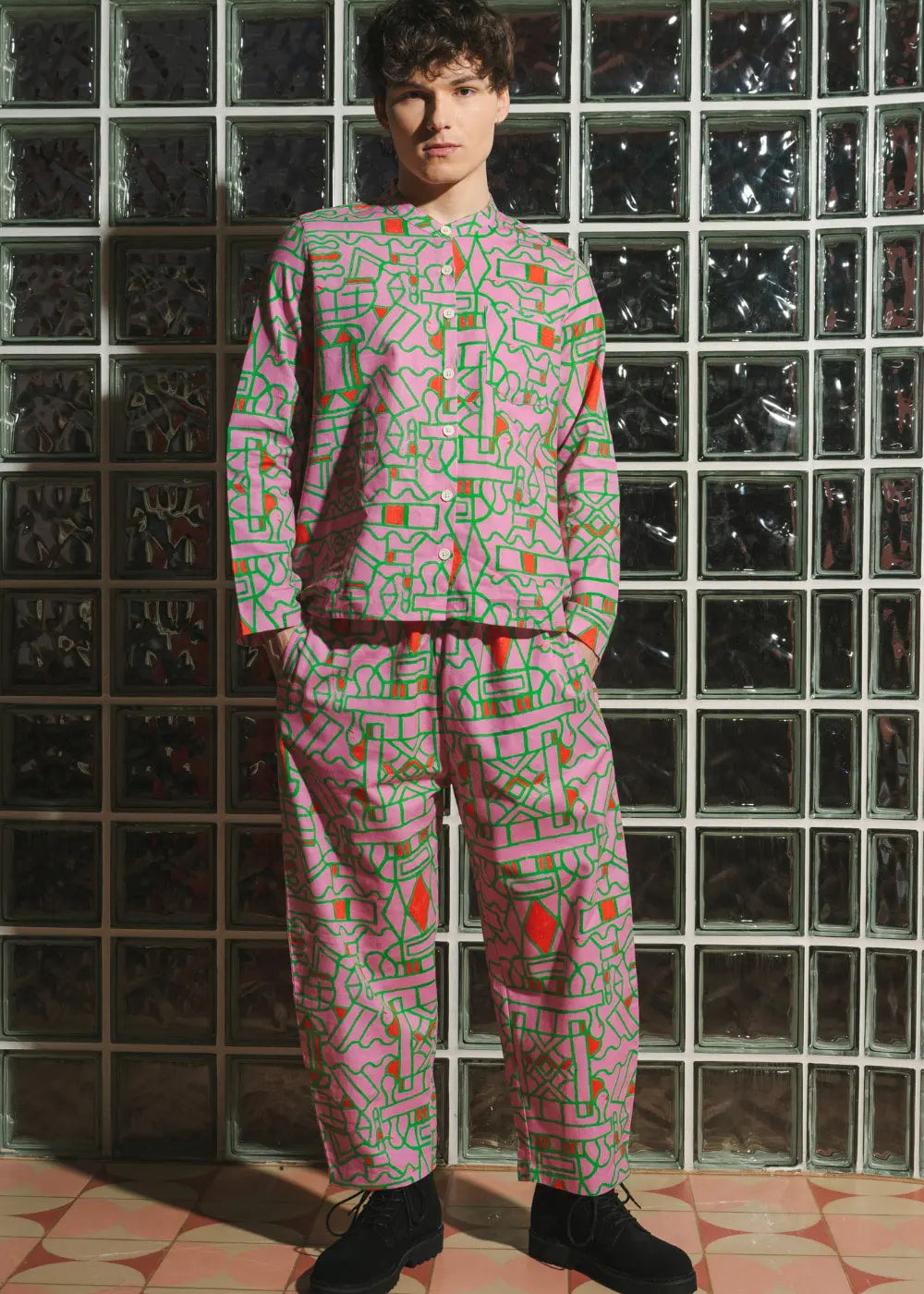 Organic Cotton & Linen Balloon Trousers in Blush Horizon Wild Clouds