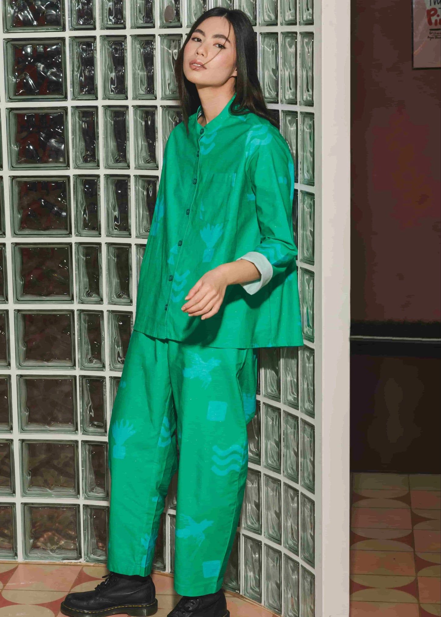 Organic Cotton & Linen Balloon Trousers in Meadow Flow Wild Clouds