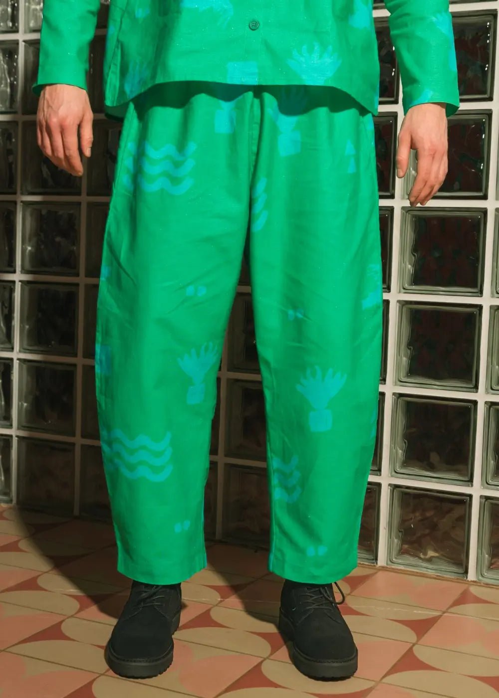 Organic Cotton & Linen Balloon Trousers in Meadow Flow Wild Clouds