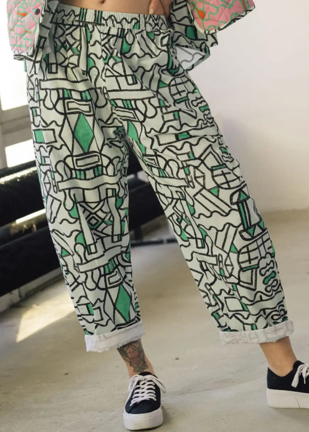 Organic Cotton and Linen Balloon Trousers in Circuit Garden Wild Clouds
