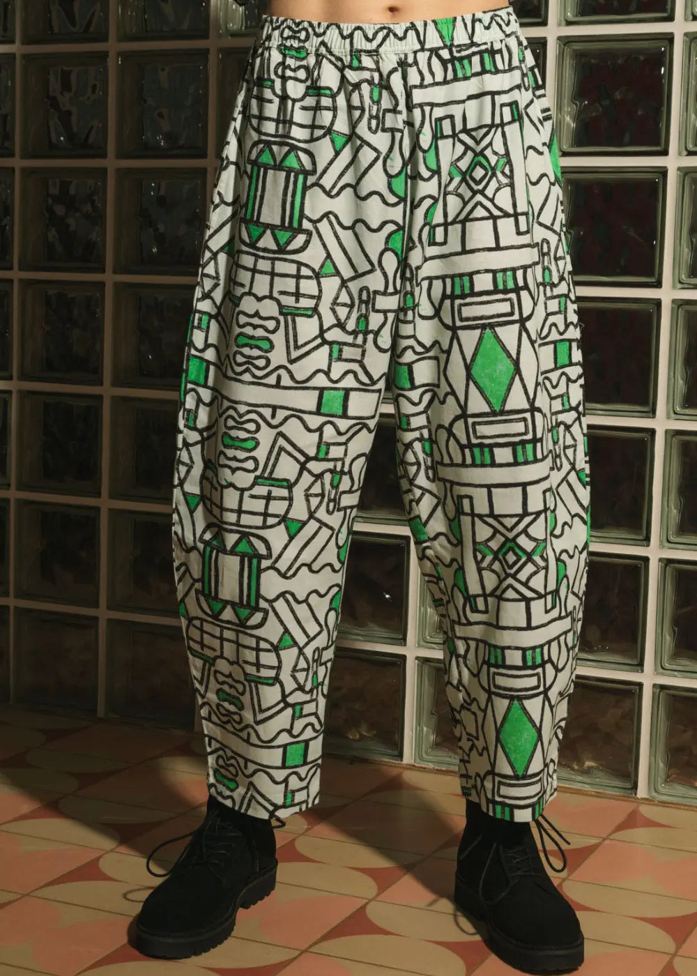 Organic Cotton and Linen Balloon Trousers in Circuit Garden Wild Clouds