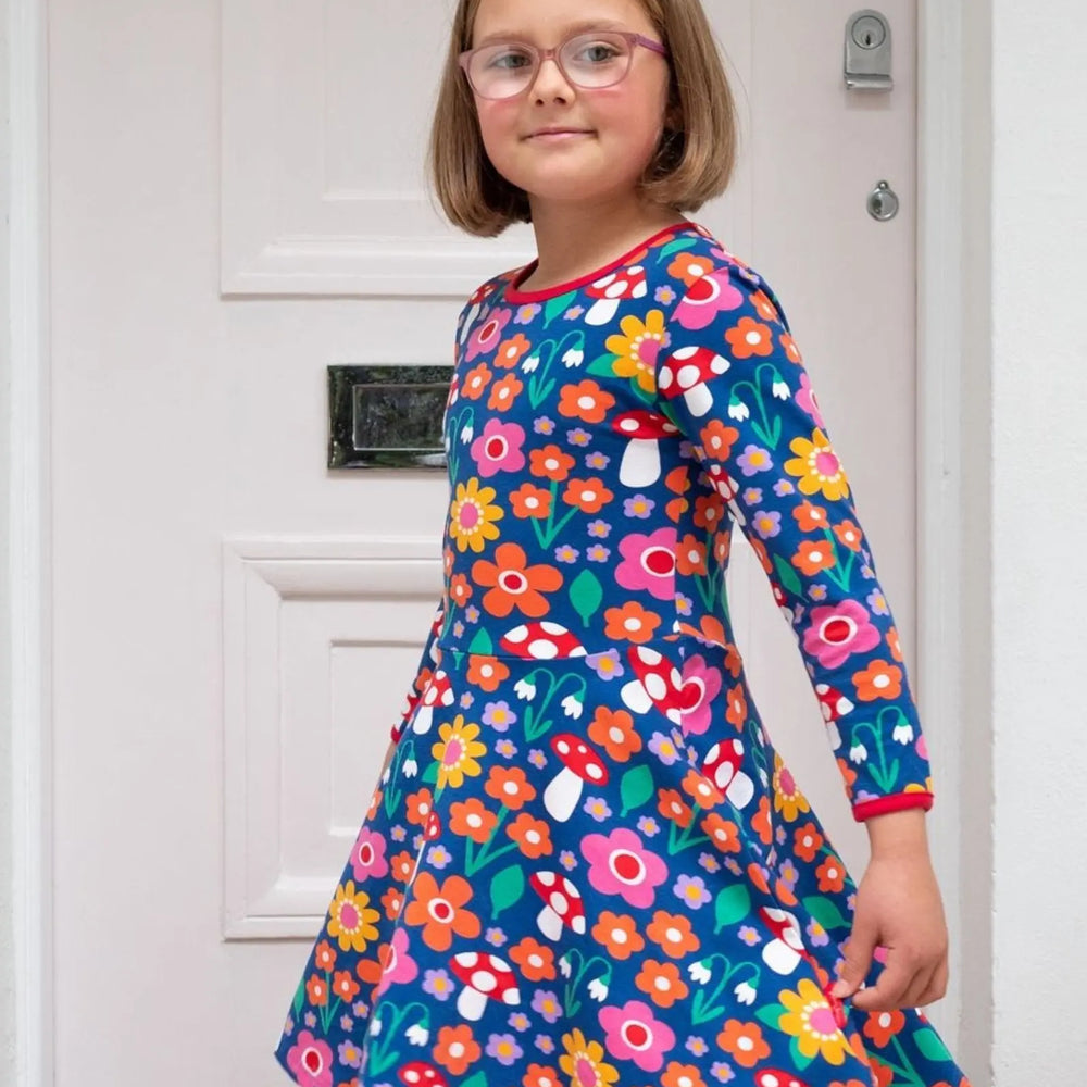 Organic Floral Mushroom Print Long-Sleeved Skater Dress Toby Tiger