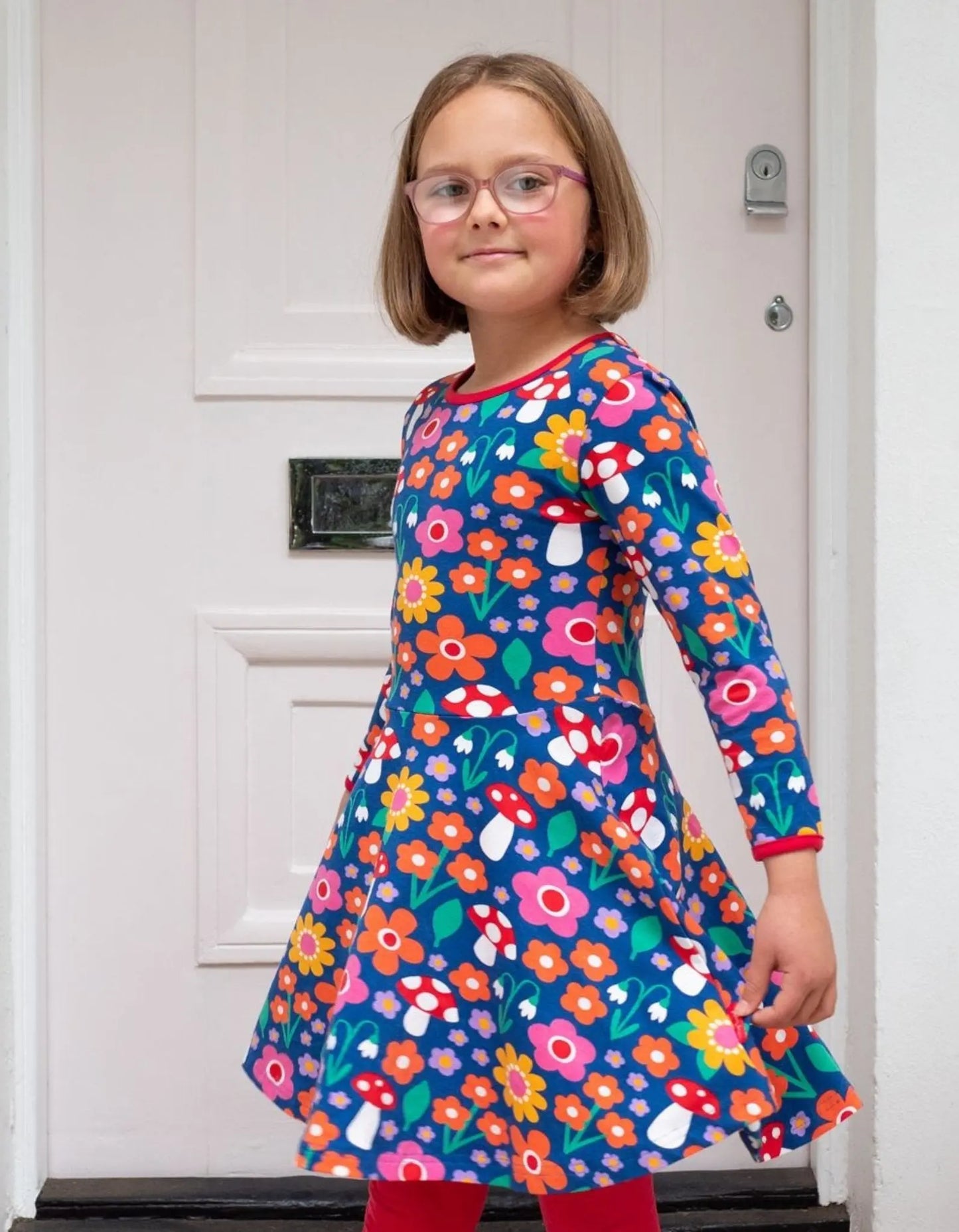 Organic Floral Mushroom Print Long-Sleeved Skater Dress Toby Tiger