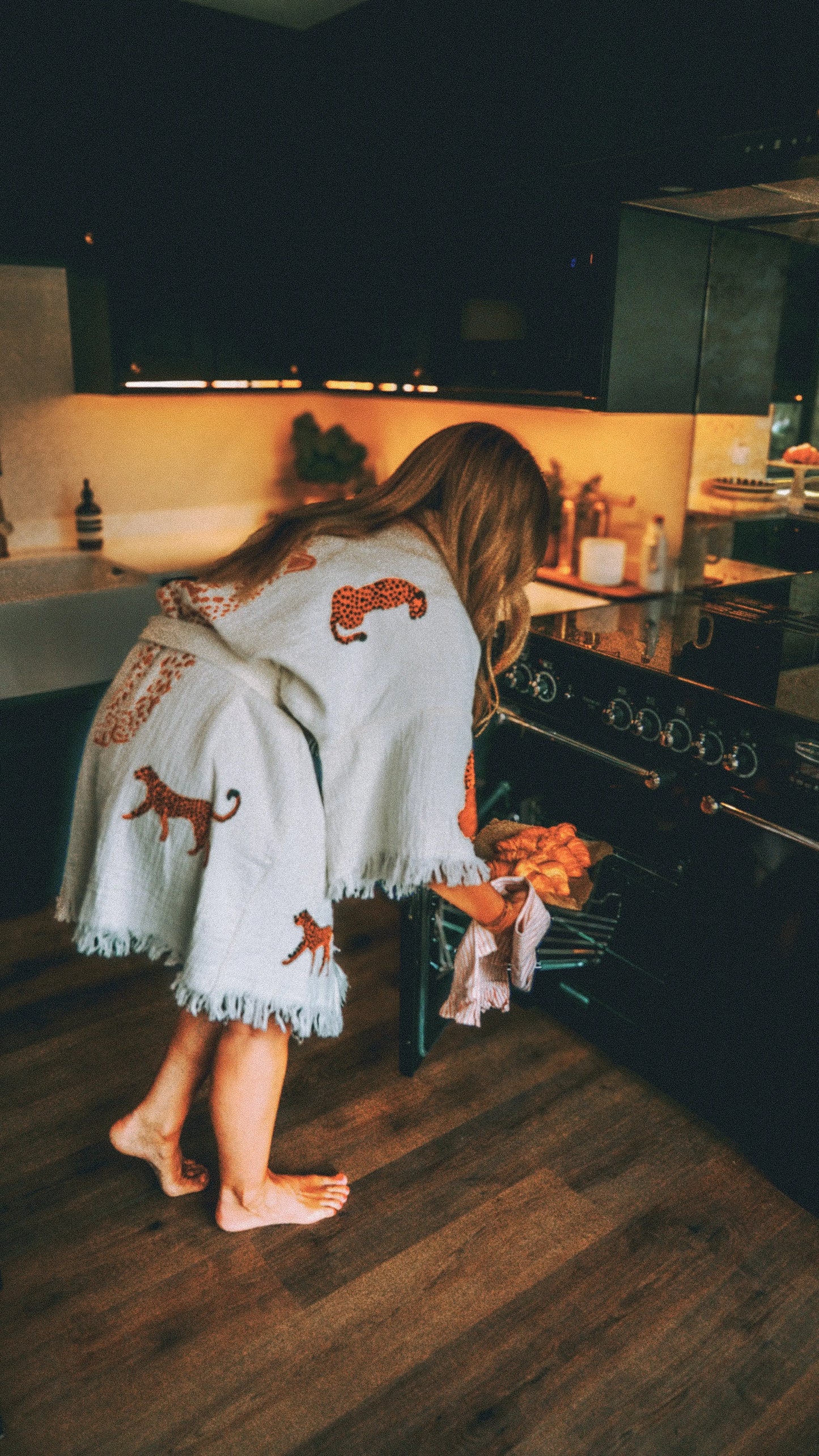 Organic Kimono in White with Cheetah: Short Loome Lifestyle