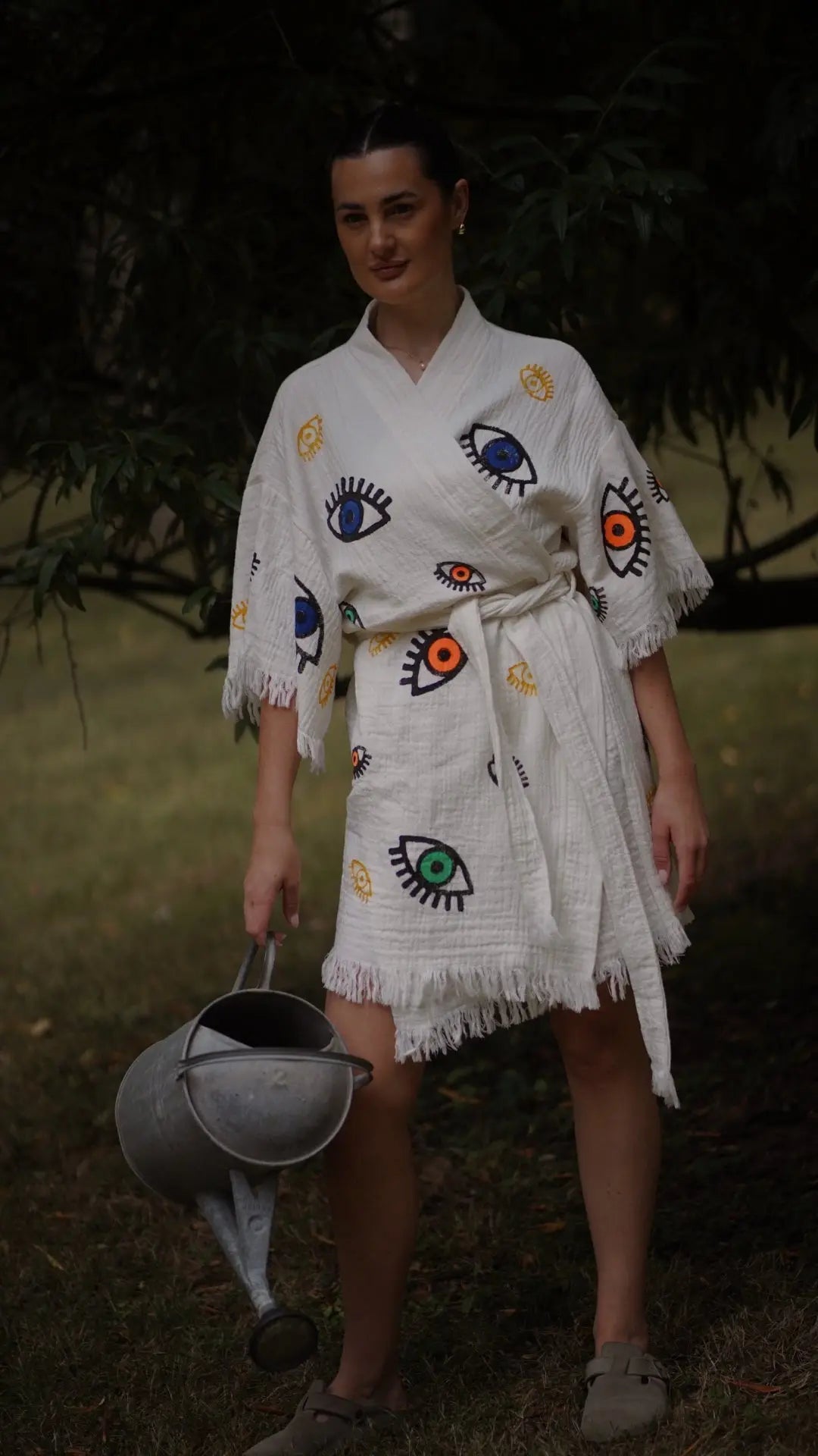 Organic Kimono in White with Mini Eye: Short Loome Lifestyle