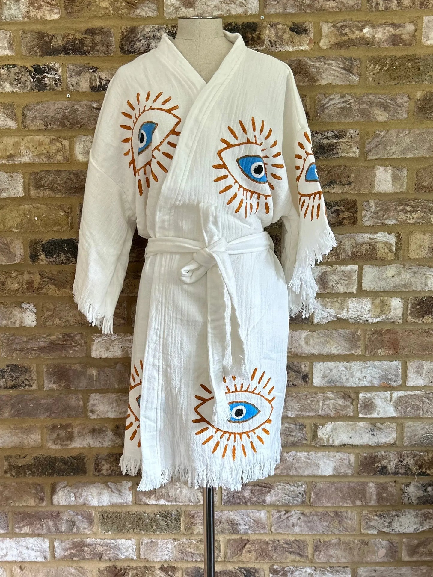 Organic Kimono in White with Orange & Blue Eye: Short Loome Lifestyle