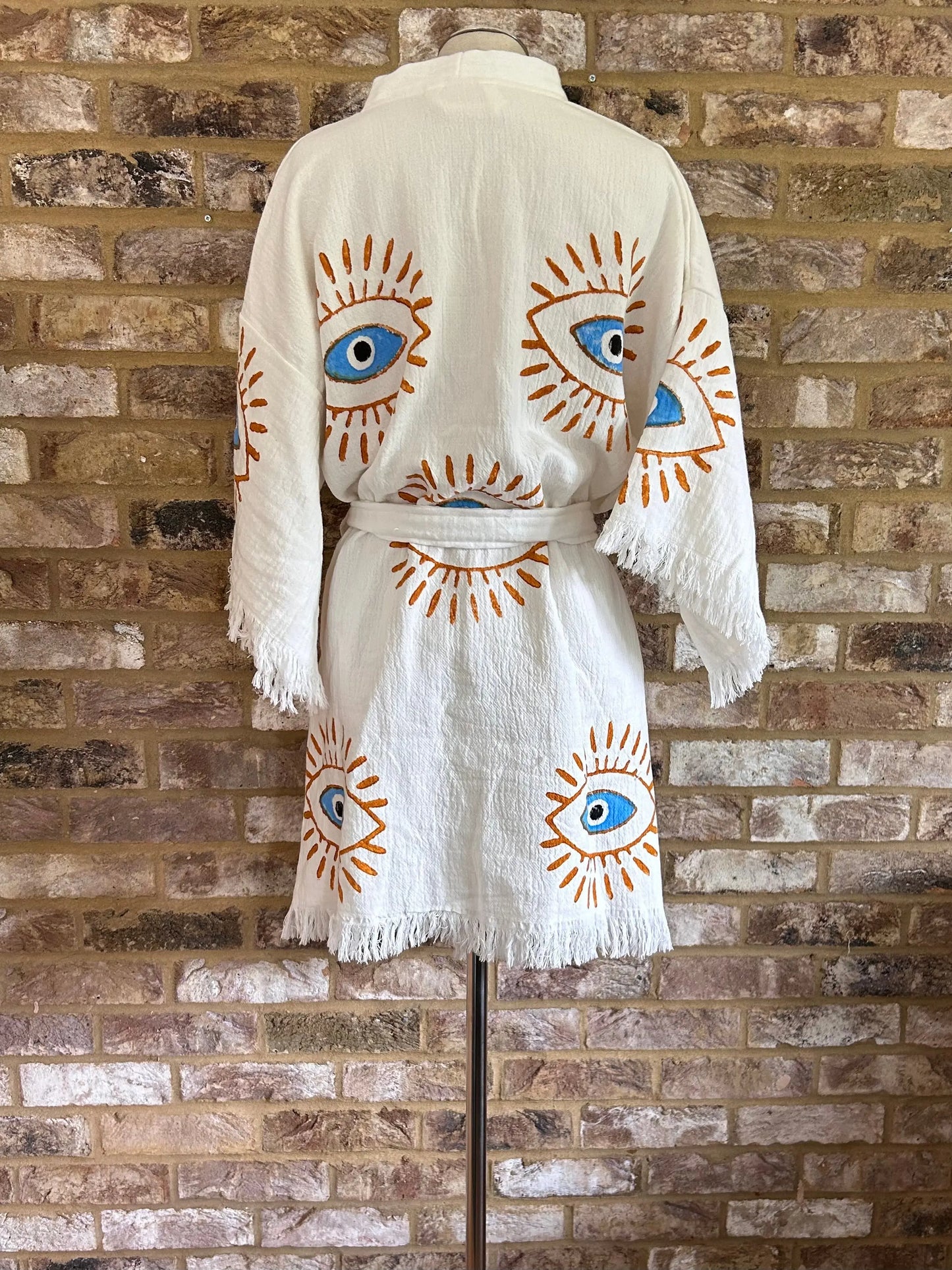 Organic Kimono in White with Orange & Blue Eye: Short Loome Lifestyle