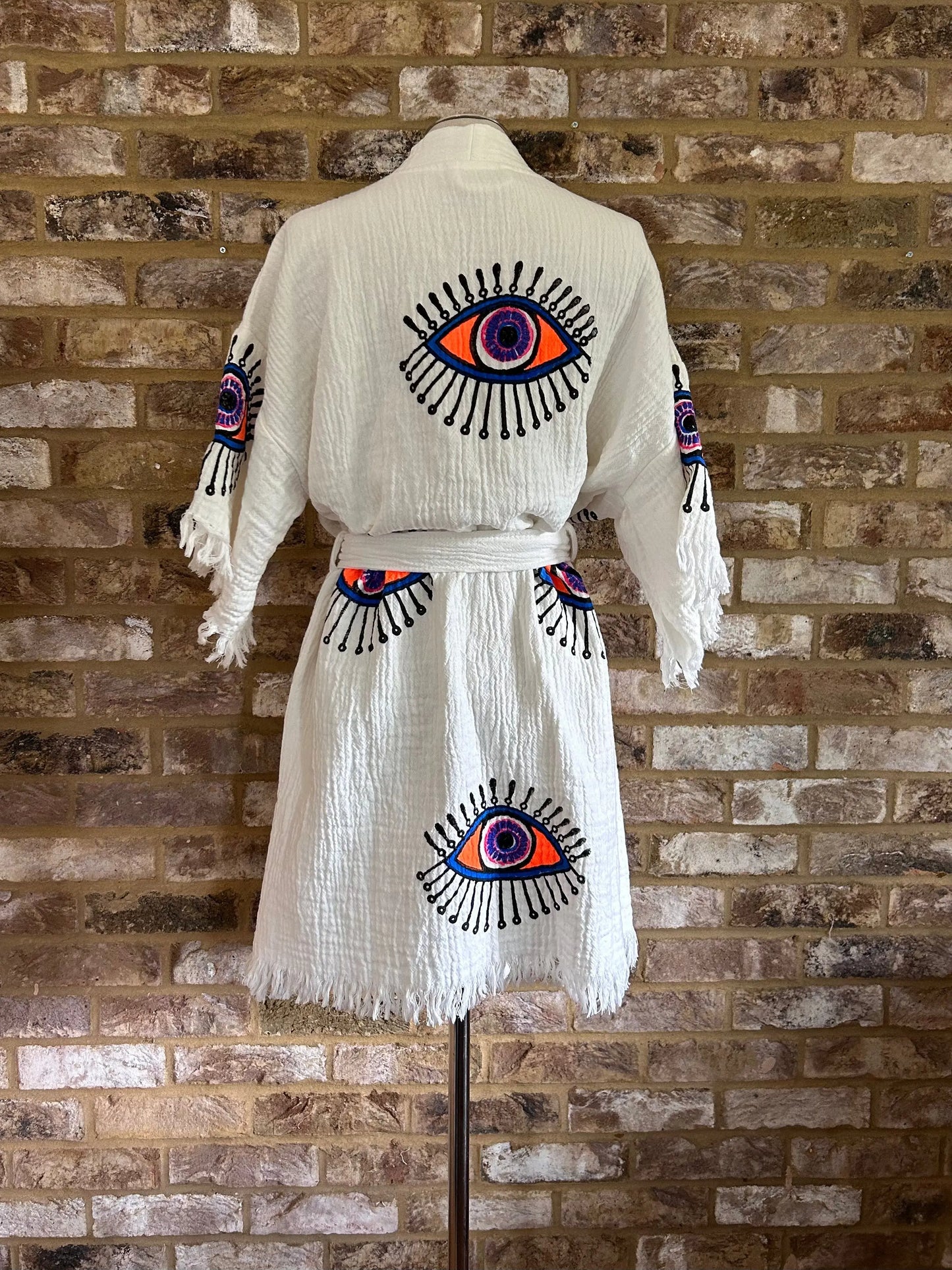 Organic Kimono in White with Orange & Purple Eye: Short Loome Lifestyle