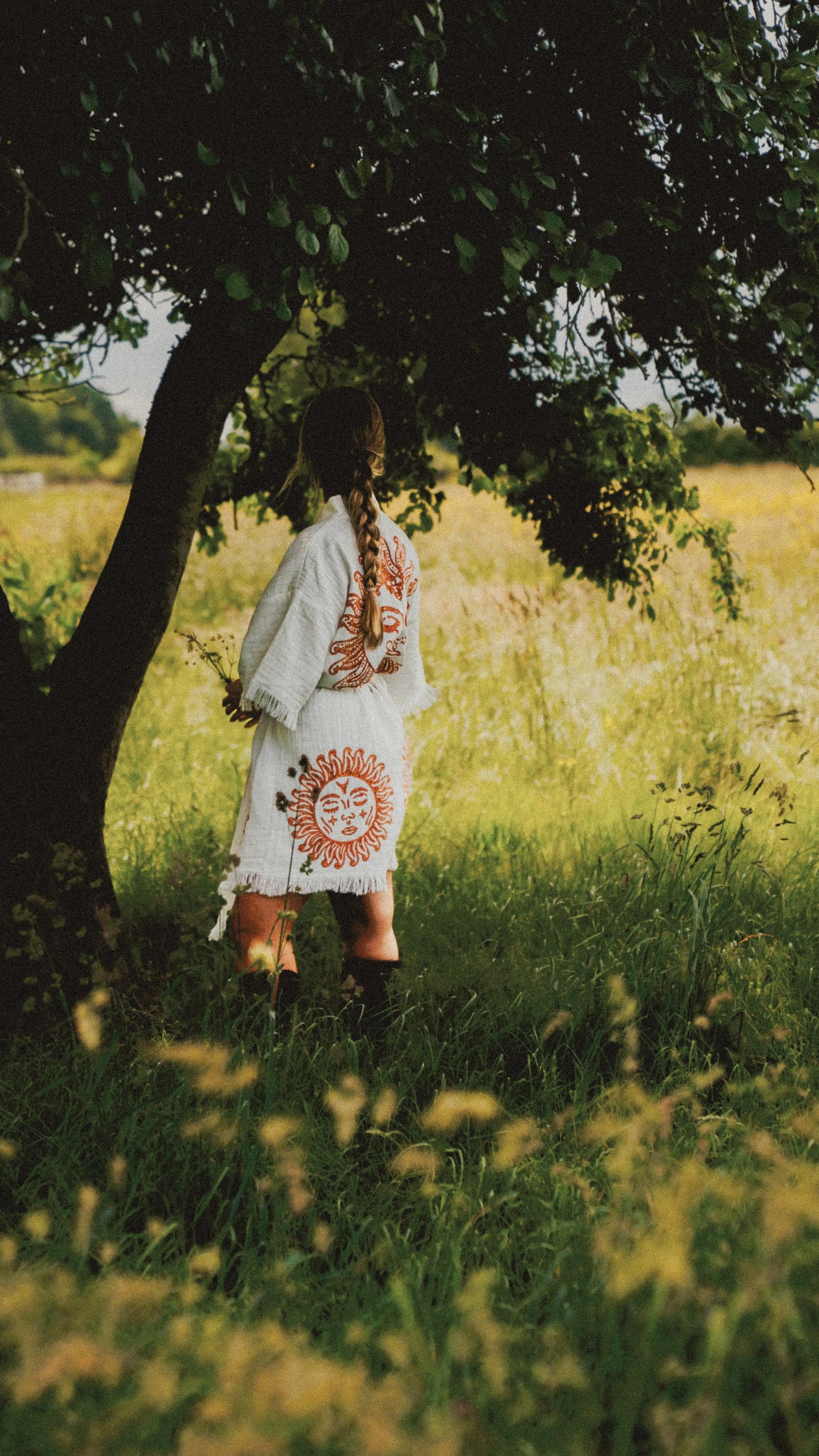 Organic Kimono in White with Sun: Short Loome Lifestyle