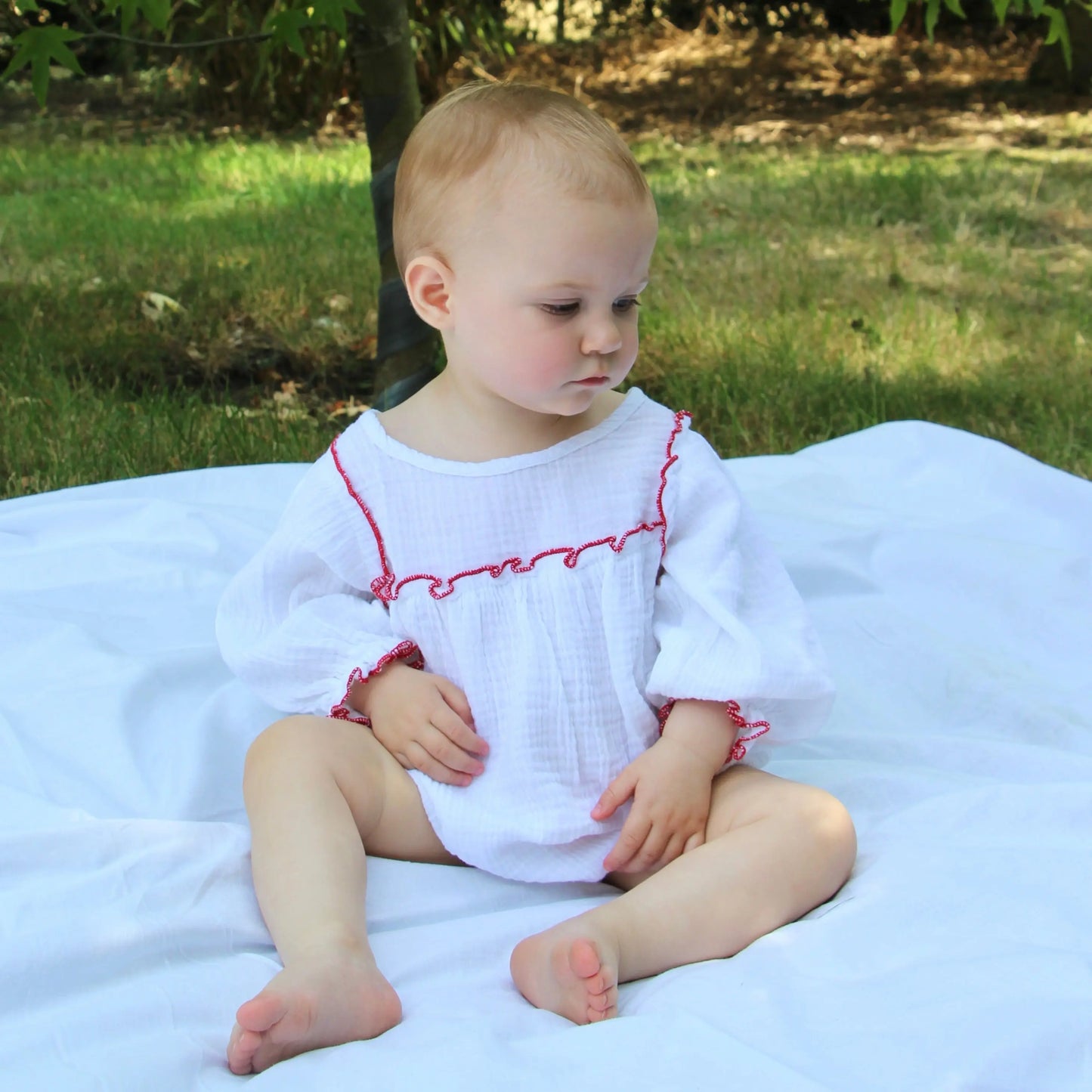 Organic Muslin Red Ruffle Romper WooWoo London