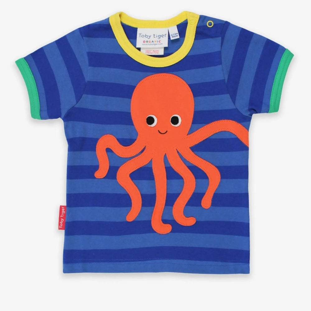 Organic Octopus Applique Dark Blue Striped Short-Sleeved T-Shirt Toby Tiger