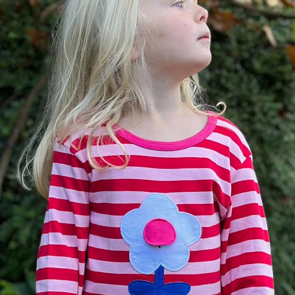 Organic Pink Flower Applique Long-Sleeved T-Shirt Toby Tiger