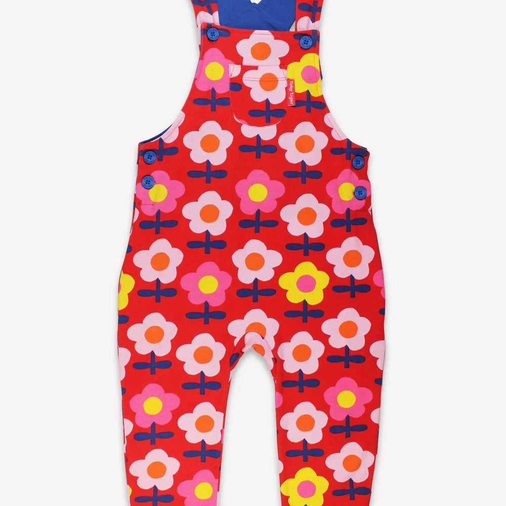 Organic Pink Flower Print Dungarees Toby Tiger
