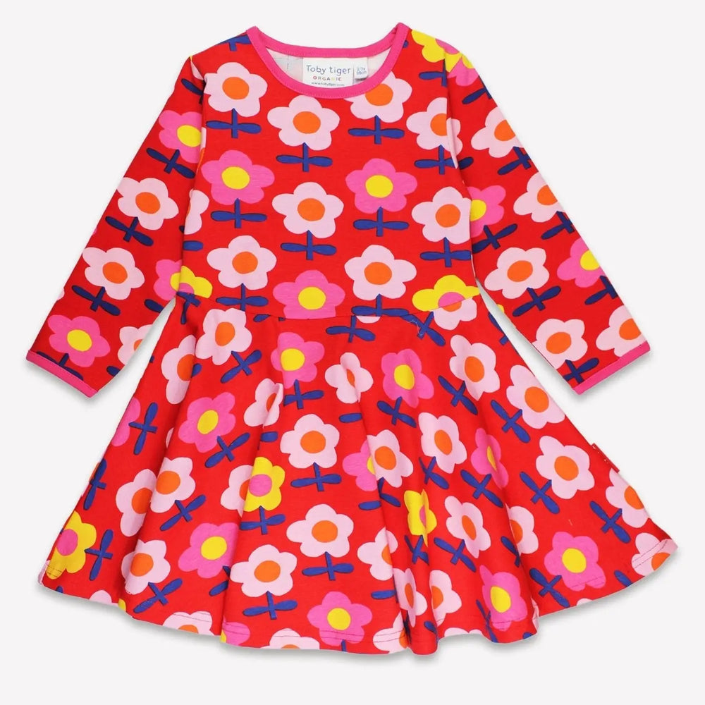 Organic Pink Flower Print Skater Dress Toby Tiger