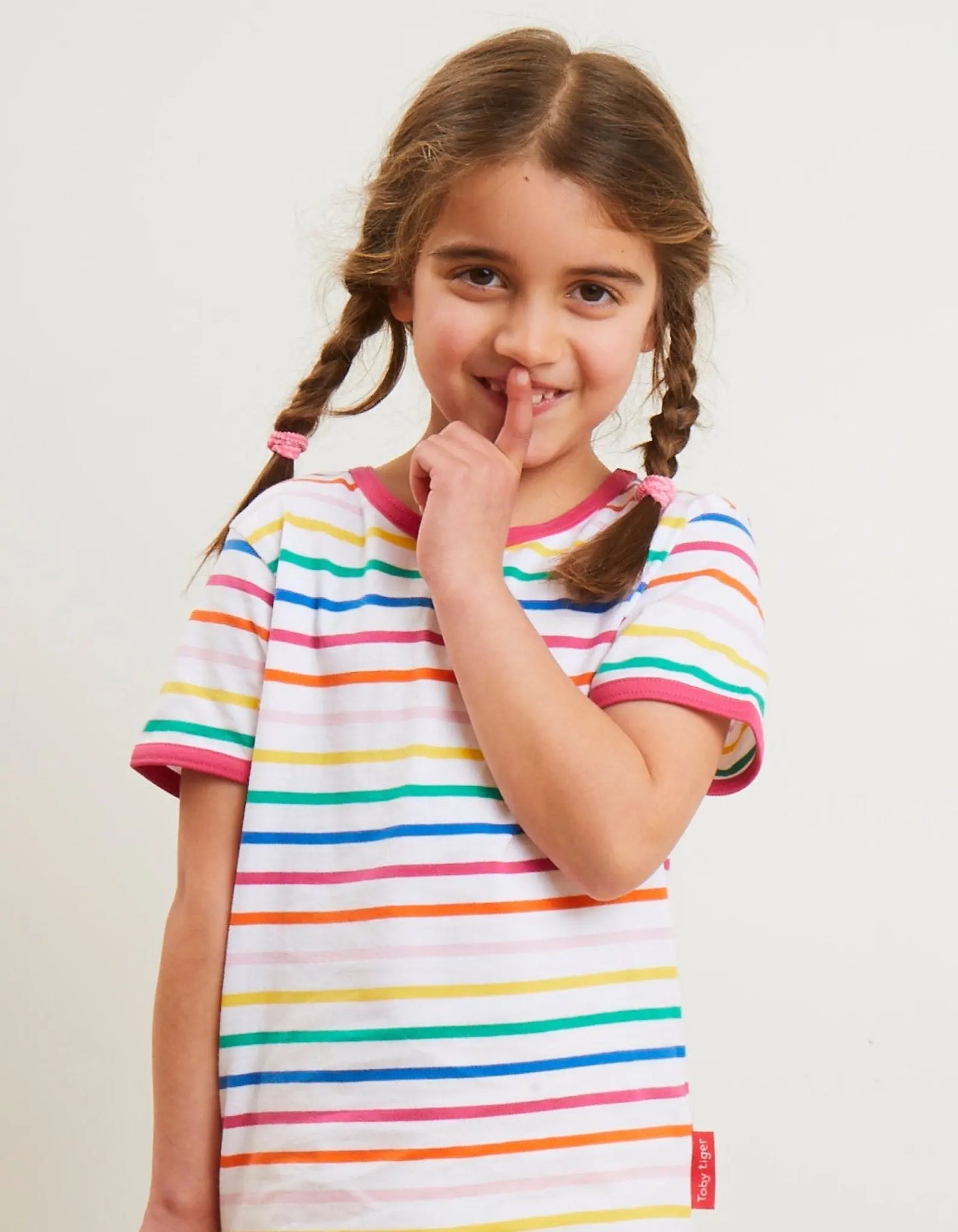 Organic Pink Rainbow Stripe Print Short-Sleeved T-Shirt Toby Tiger