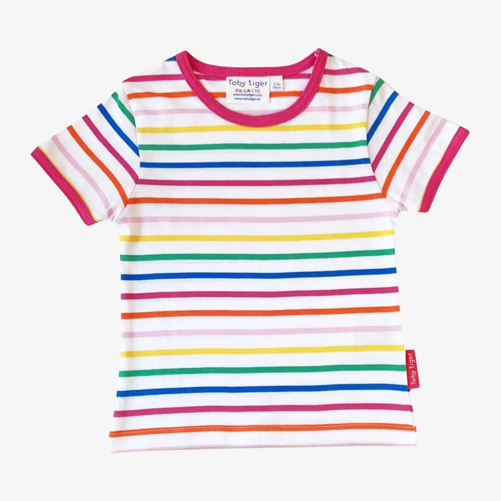 Organic Pink Rainbow Stripe Print Short-Sleeved T-Shirt Toby Tiger
