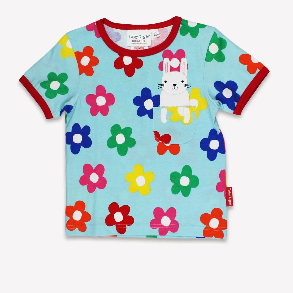 Organic Rainbow Bloom Bunny Pocket Applique Short-Sleeved T-Shirt Toby Tiger