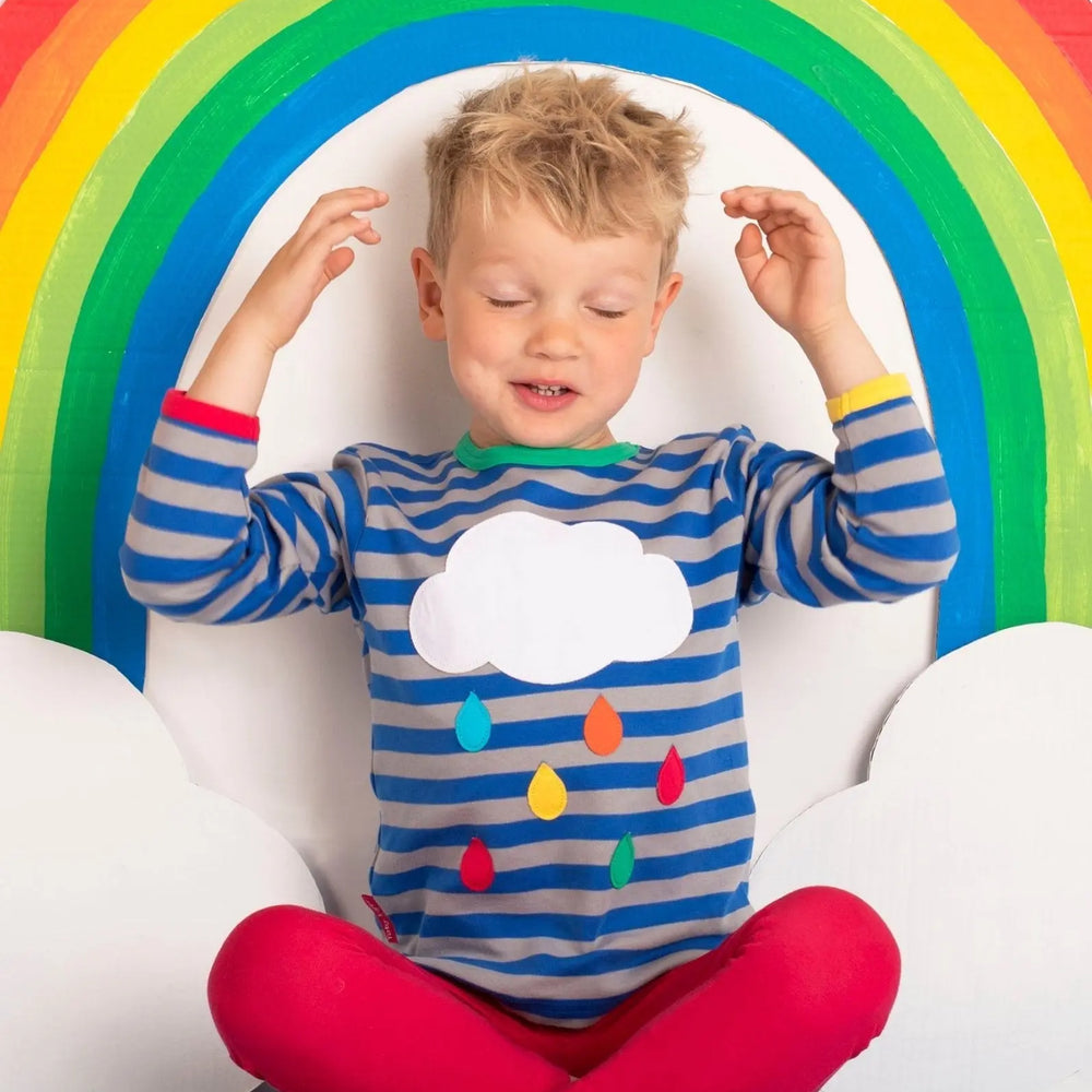Organic Rainbow Raindrop Cloud Applique Long-Sleeved T-Shirt Toby Tiger