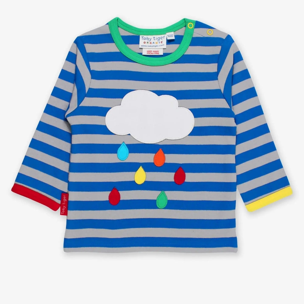 Organic Rainbow Raindrop Cloud Applique Long-Sleeved T-Shirt Toby Tiger