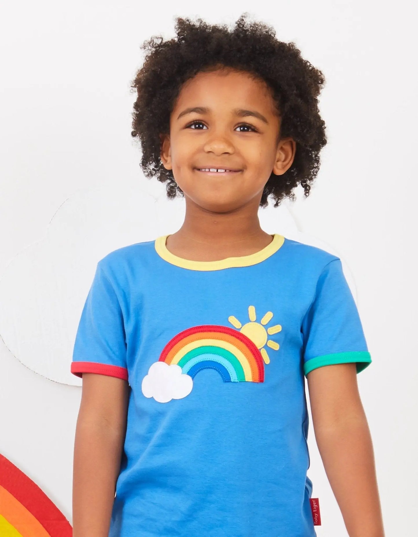 Organic Rainbow Sun and Cloud Applique Short-Sleeved T-Shirt Toby Tiger