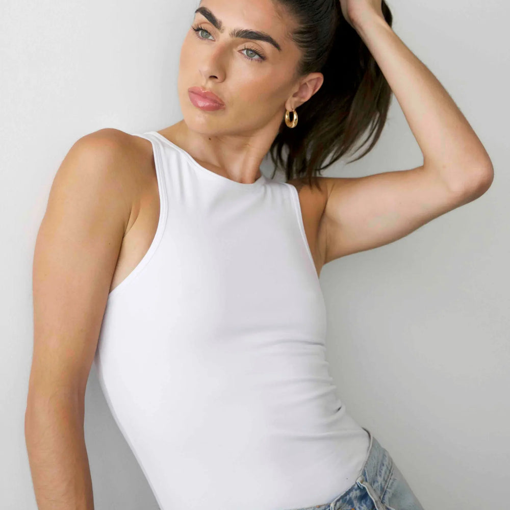 Organic Strech High-Neck Tank Top, White Pantee