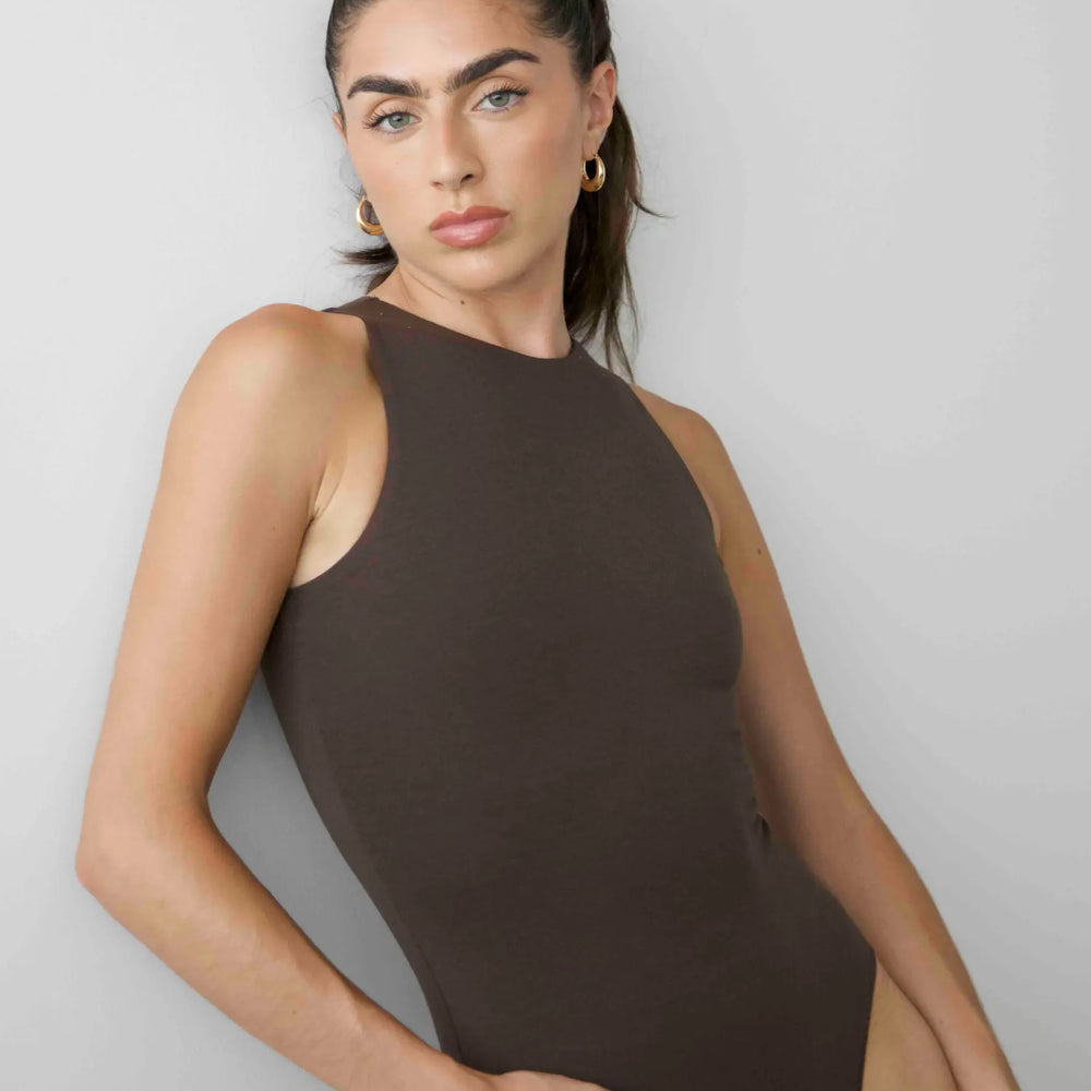 Organic Stretch High-Neck Sleeveless Bodysuit, Hot Fudge Pantee