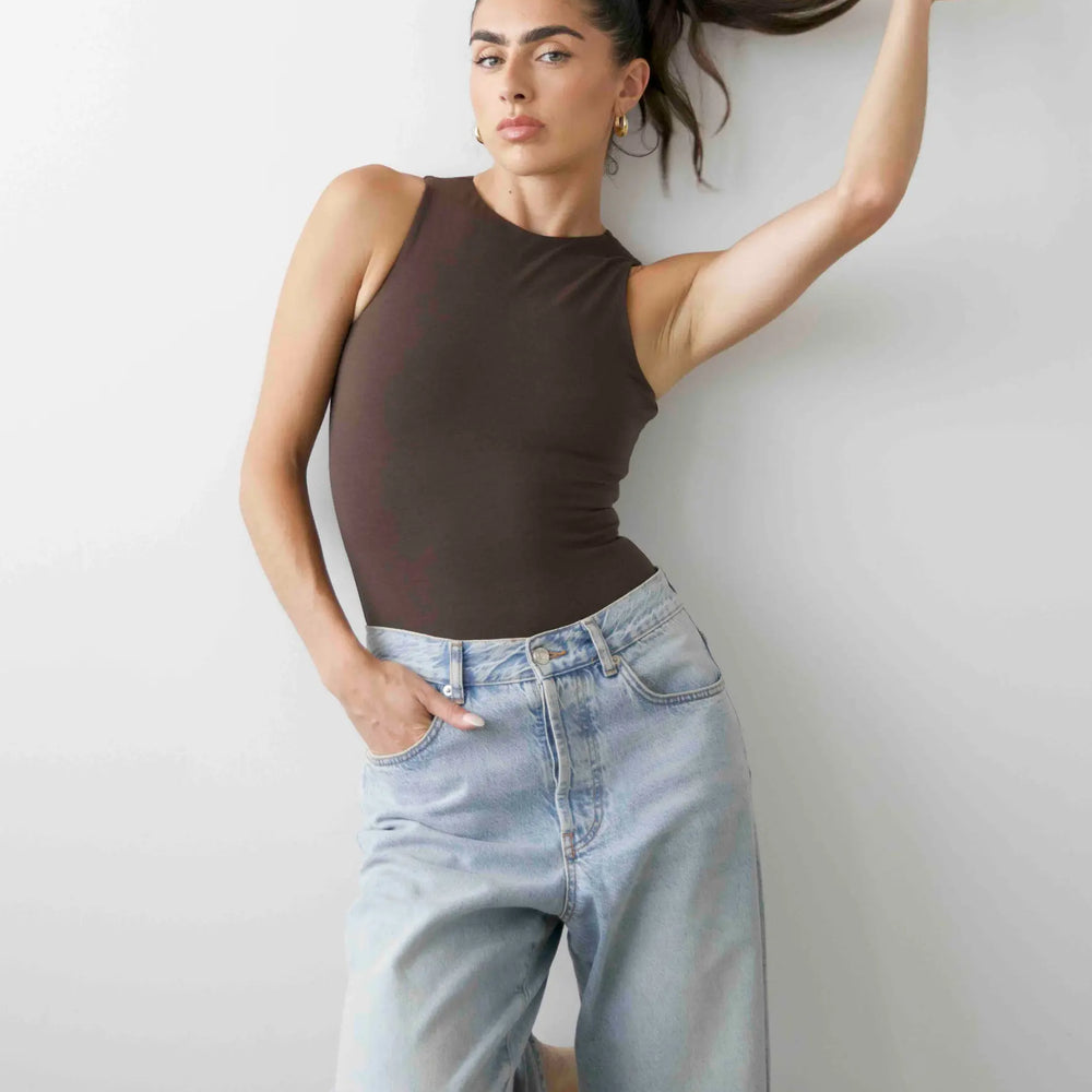 Organic Stretch High-Neck Sleeveless Bodysuit, Hot Fudge Pantee