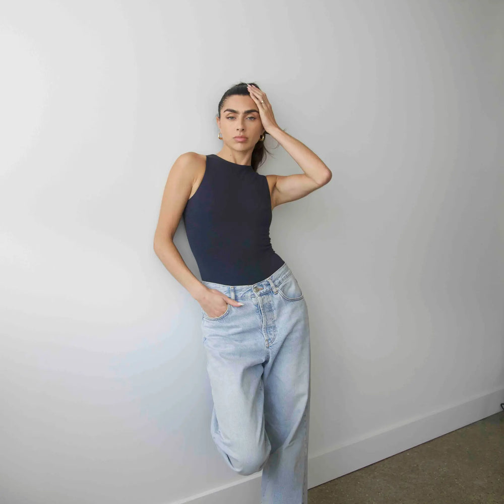 Organic Stretch High-Neck Sleeveless Bodysuit, Outer Space Pantee