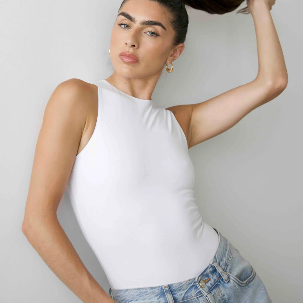 Organic Stretch High-Neck Sleeveless Bodysuit, White Pantee