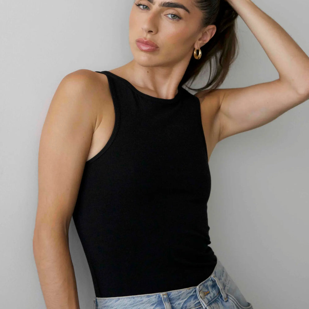 Organic Stretch High-Neck Tank Top, Black Pantee