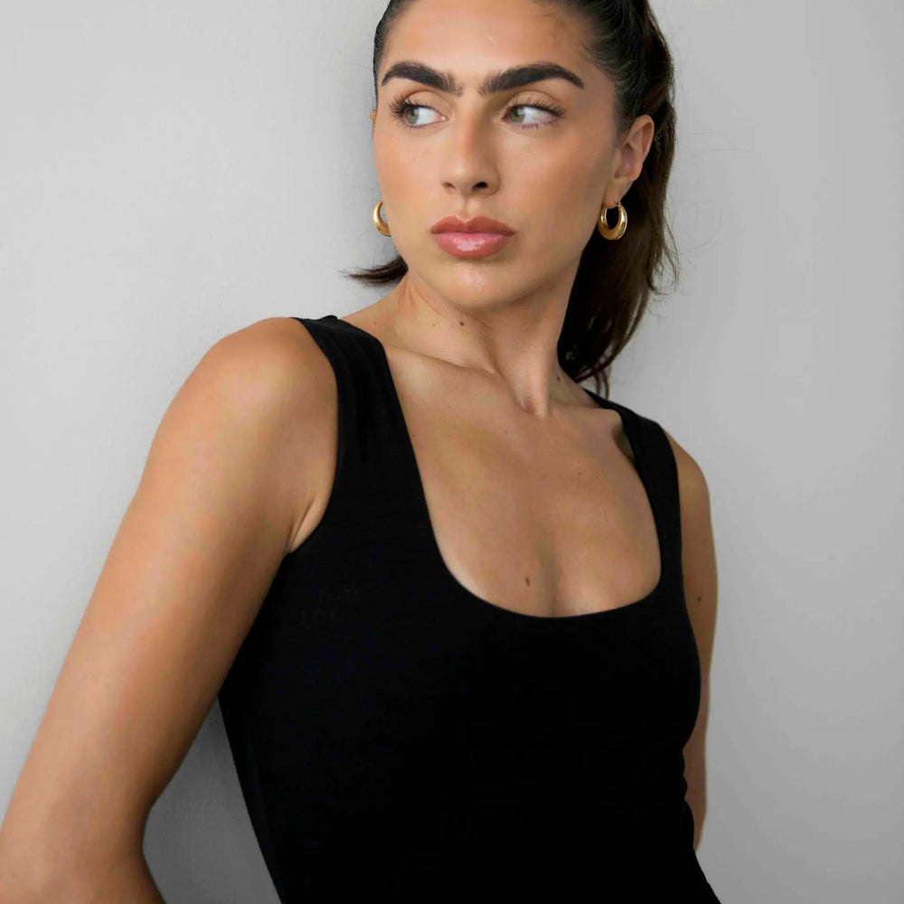 Organic Stretch Square-Neck Sleeveless Bodysuit, Black Pantee