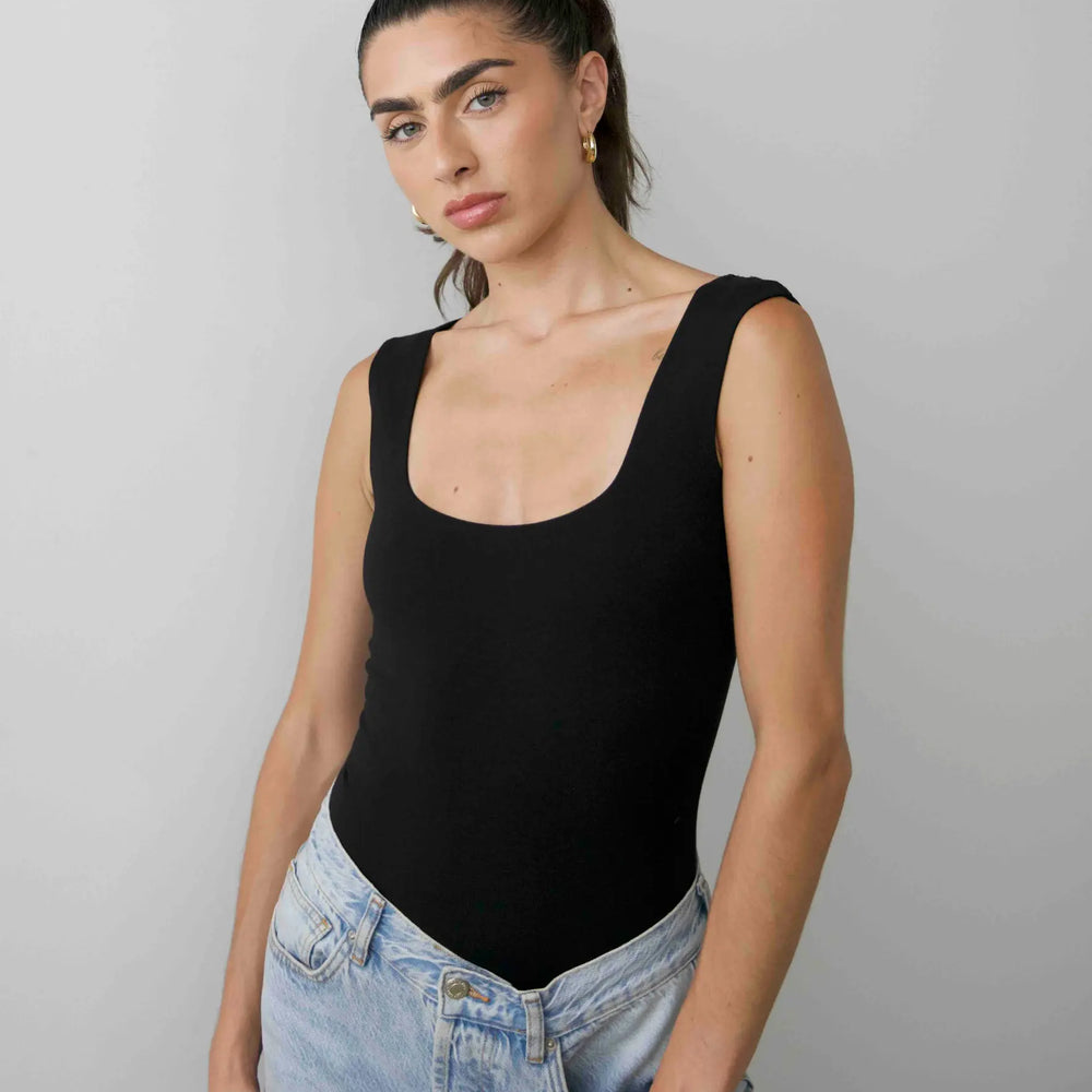 Organic Stretch Square-Neck Sleeveless Bodysuit, Black Pantee