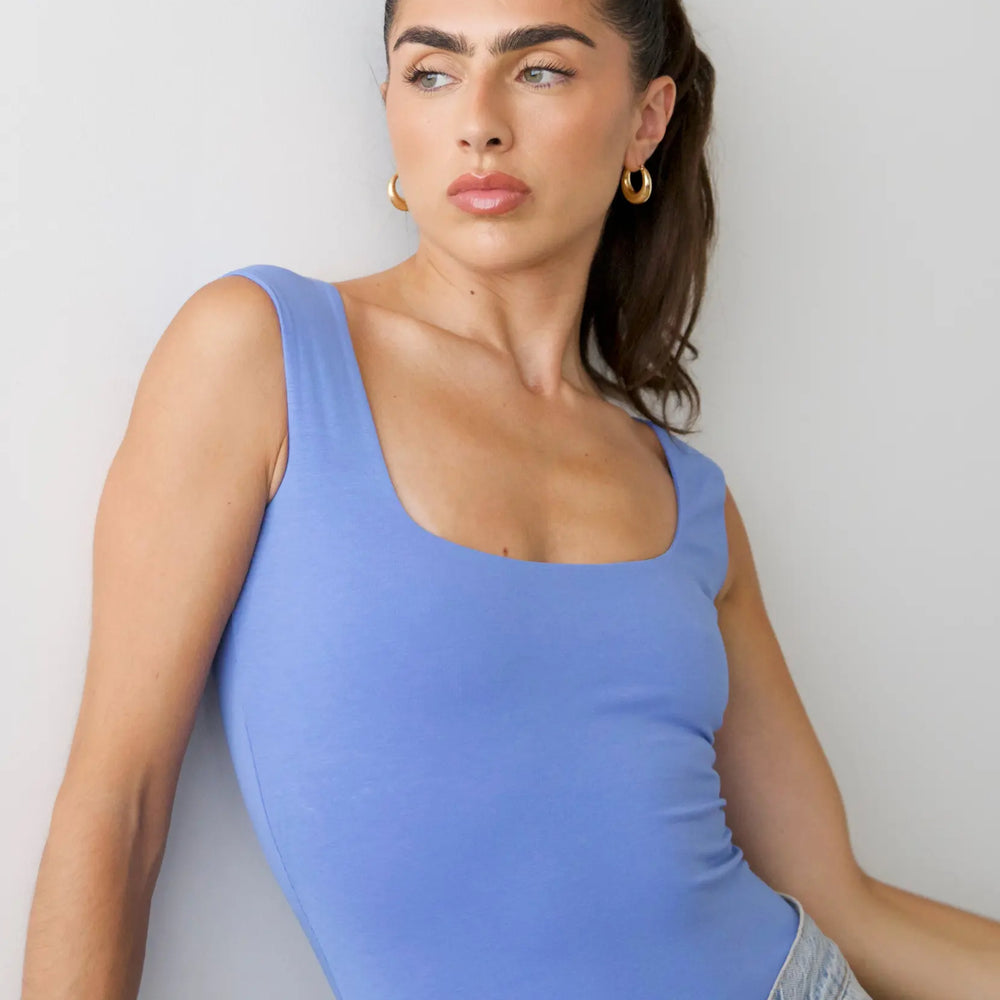 Organic Stretch Square-Neck Sleeveless Bodysuit, Cornflower Blue Pantee