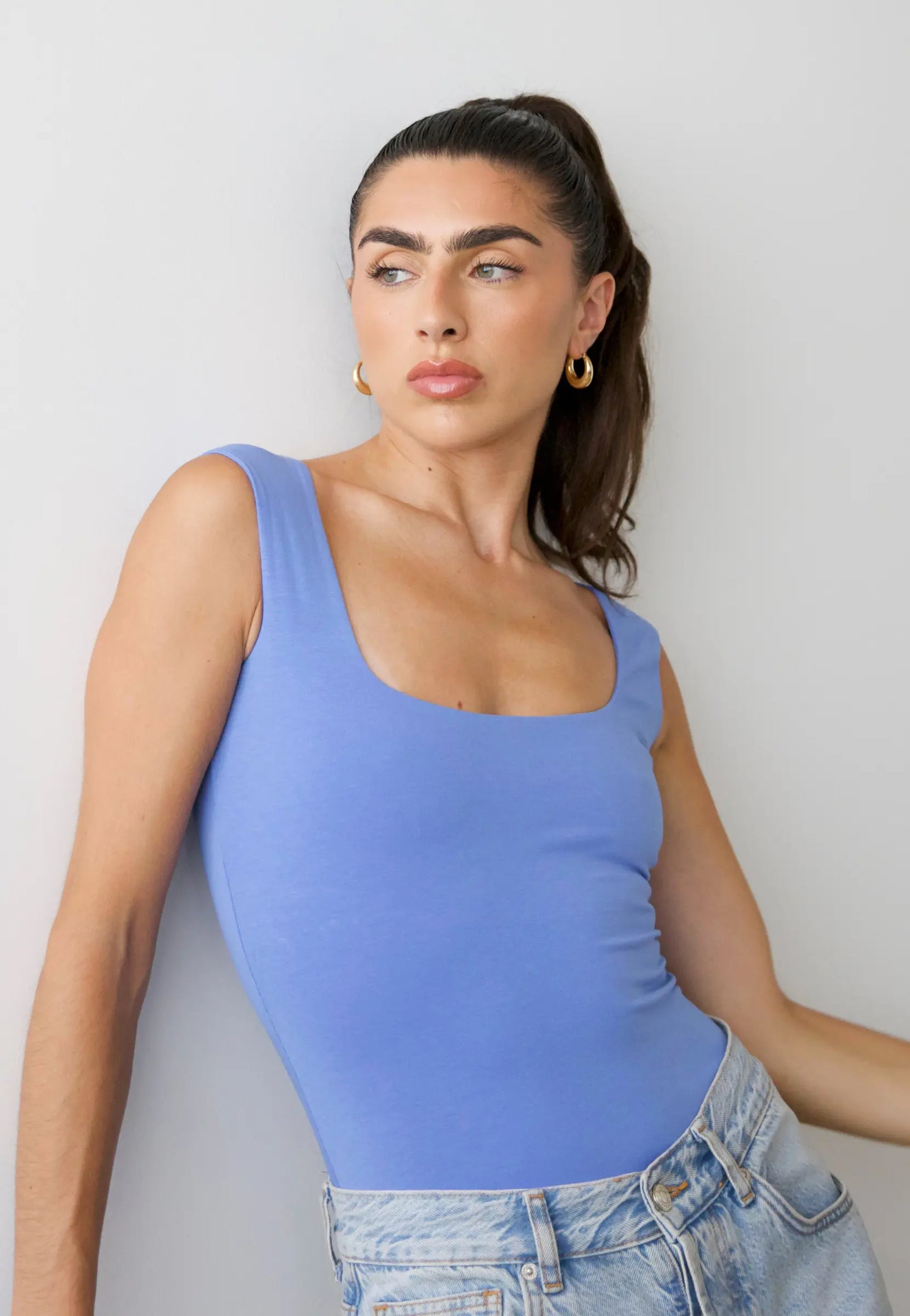 Organic Stretch Square-Neck Sleeveless Bodysuit, Cornflower Blue Pantee