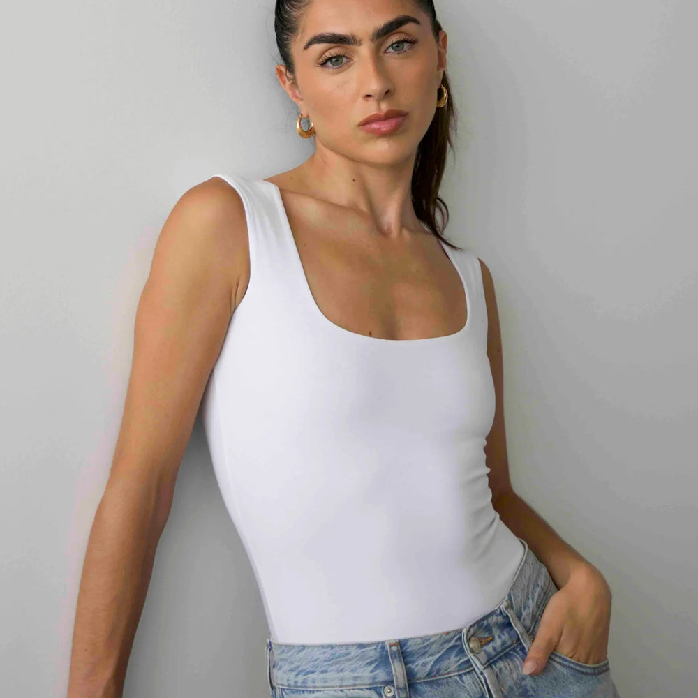 Organic Stretch Square-Neck Sleeveless Bodysuit, White Pantee