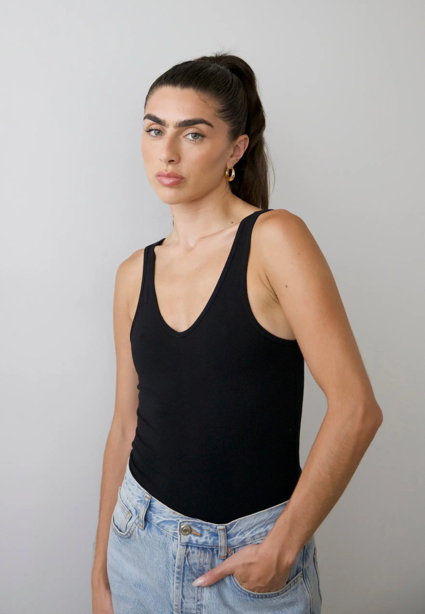 Organic Stretch V-Neck Tank Top, Black Pantee