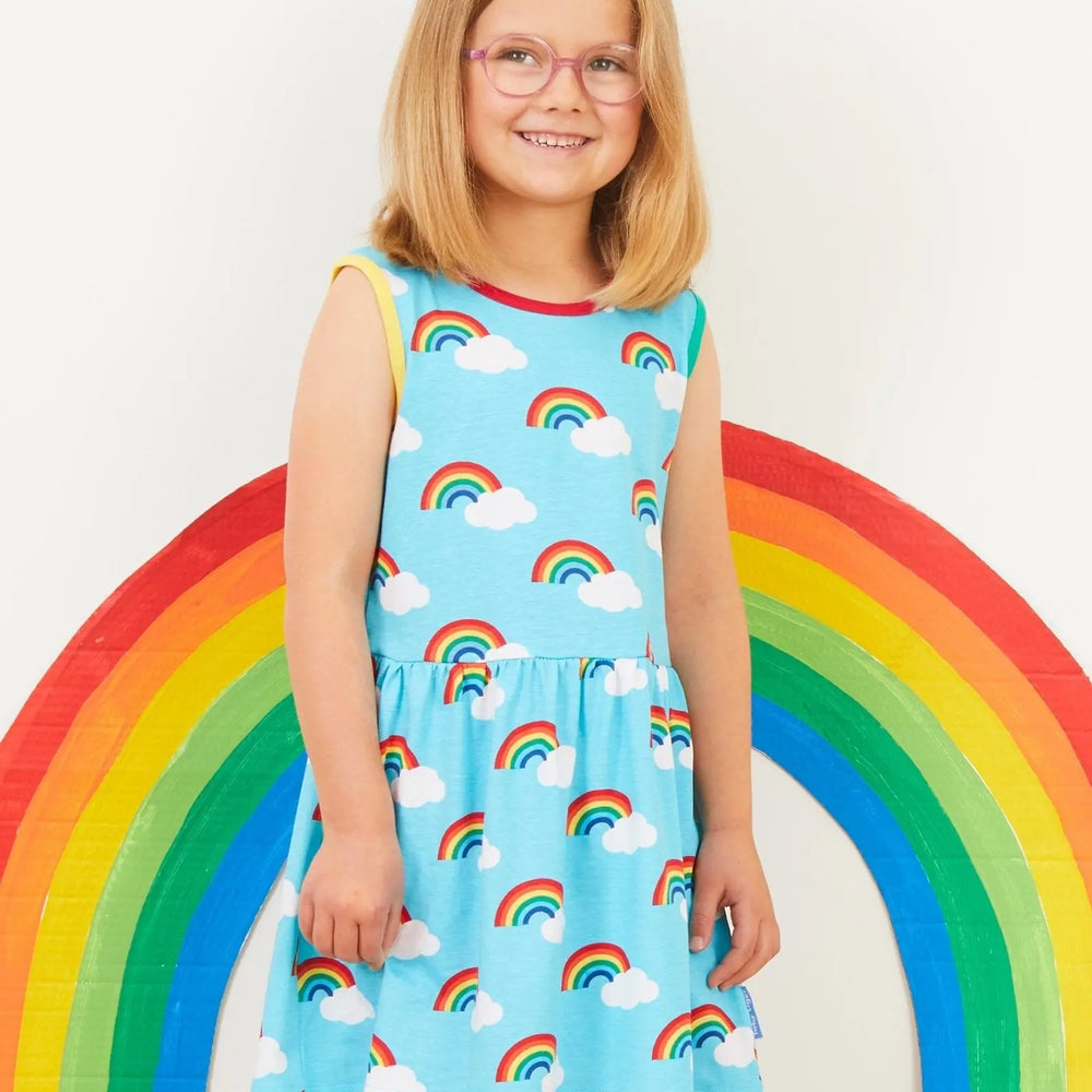 Organic Turquoise Rainbow Print Summer Dress Toby Tiger