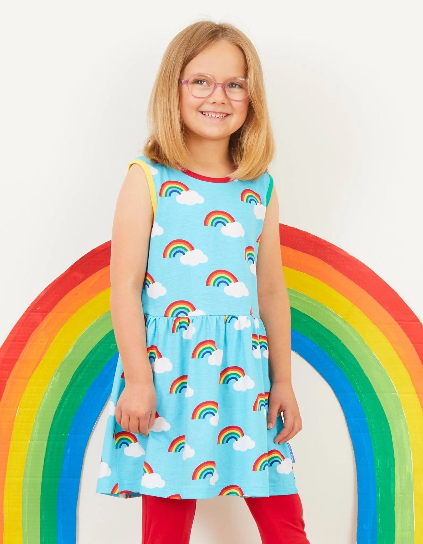 Organic Turquoise Rainbow Print Summer Dress Toby Tiger