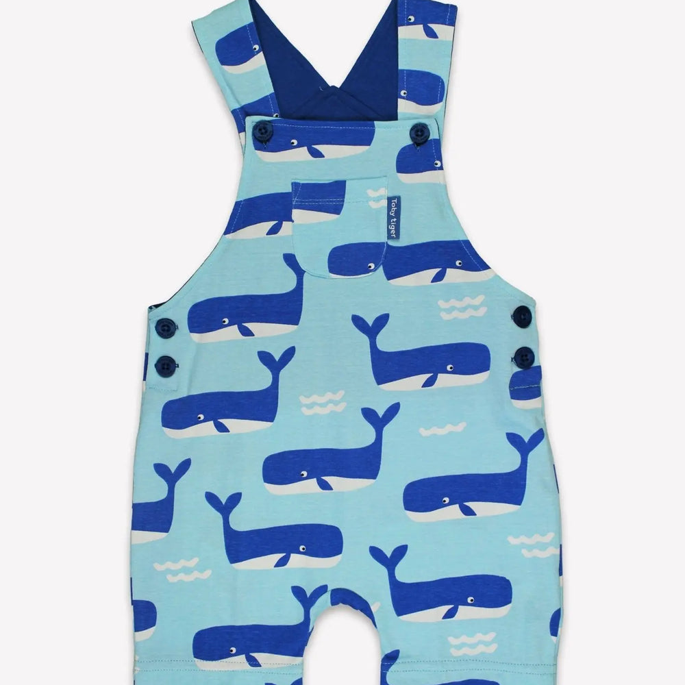 Organic Whale Waves Print Dungaree Shorts Toby Tiger