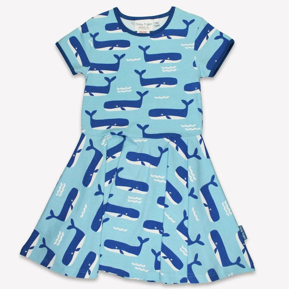 Organic Whale Waves Print Short Sleeved Skater Dress Toby Tiger