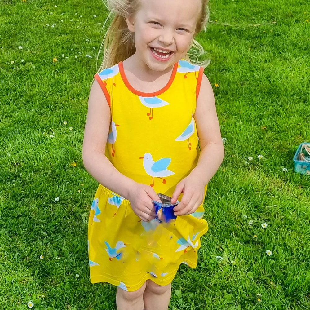 Organic Yellow Seagull Print Summer Dress Toby Tiger
